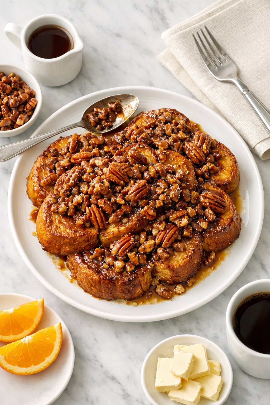An overheard picture view of a plate of Overnight French Toast with Brown Sugar Pecan Topping sitting on a marble countertop table in the kitchen, martha stewart food photography style.