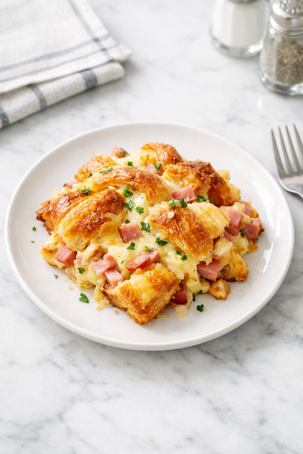 An overheard picture view of a plate of Make-Ahead Ham and Cheese Croissant Bake sitting on a marble countertop table in the kitchen, martha stewart food photography style.