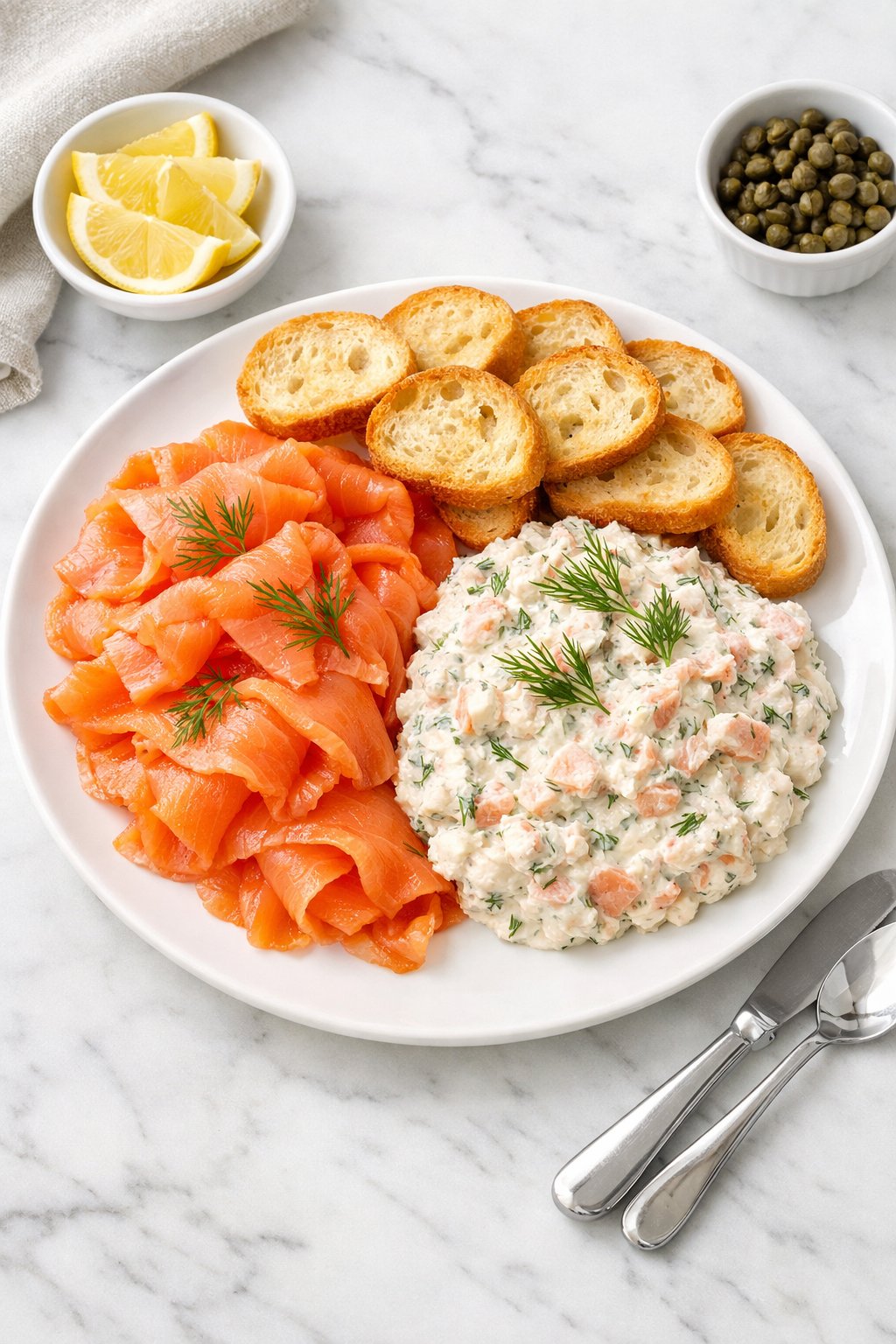 An overheard picture view of a plate of Smoked Salmon and Dill Spread with Crostini sitting on a marble countertop table in the kitchen, martha stewart food photography style.