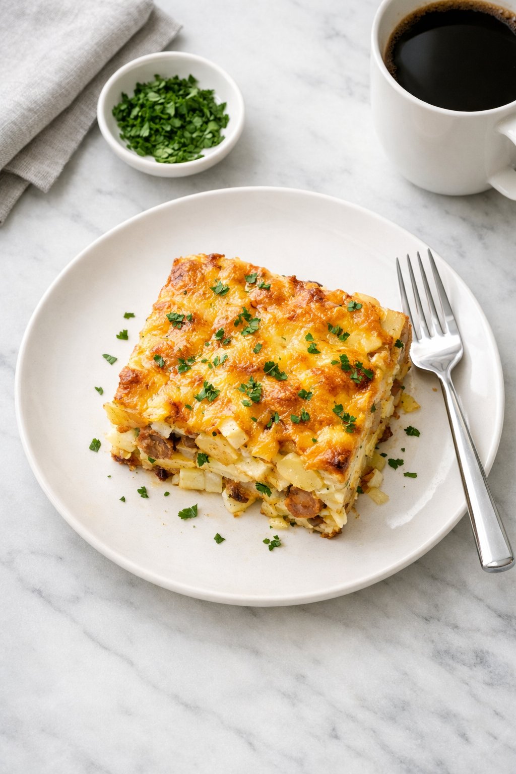 An overheard picture view of a plate of Make-Ahead Breakfast Potato Casserole sitting on a marble countertop table in the kitchen, martha stewart food photography style.