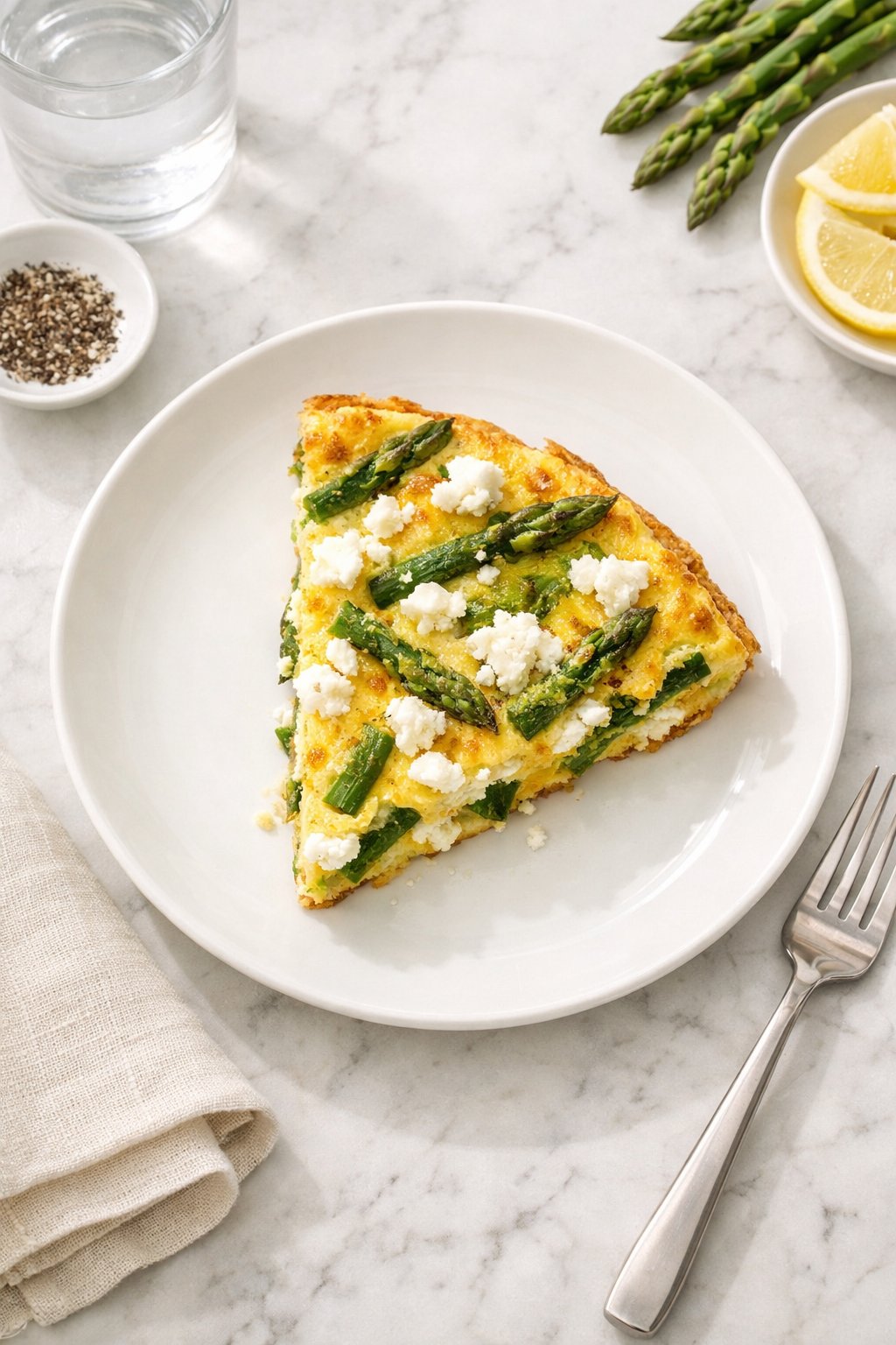 An overheard picture view of a plate of Asparagus and Goat Cheese Frittata sitting on a marble countertop table in the kitchen, martha stewart food photography style.