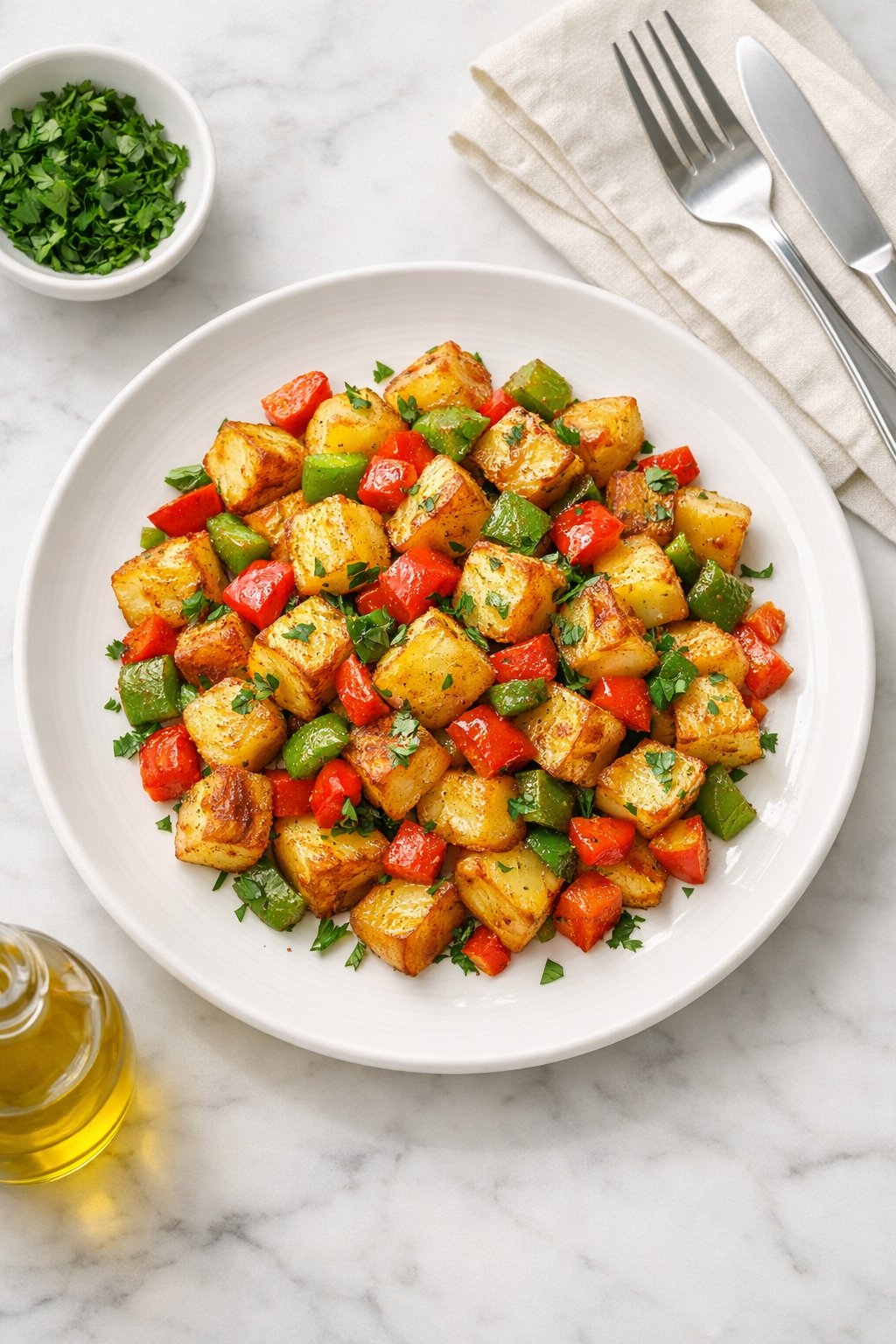 An overheard picture view of a plate of Roasted Potato and Pepper Hash sitting on a marble countertop table in the kitchen, martha stewart food photography style.