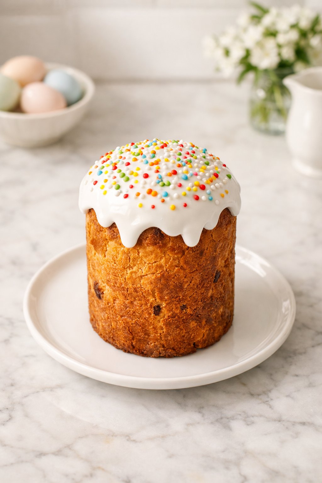 An overheard picture view of a plate of Classic Kulich sitting on a marble countertop table in the kitchen, martha stewart food photography style.