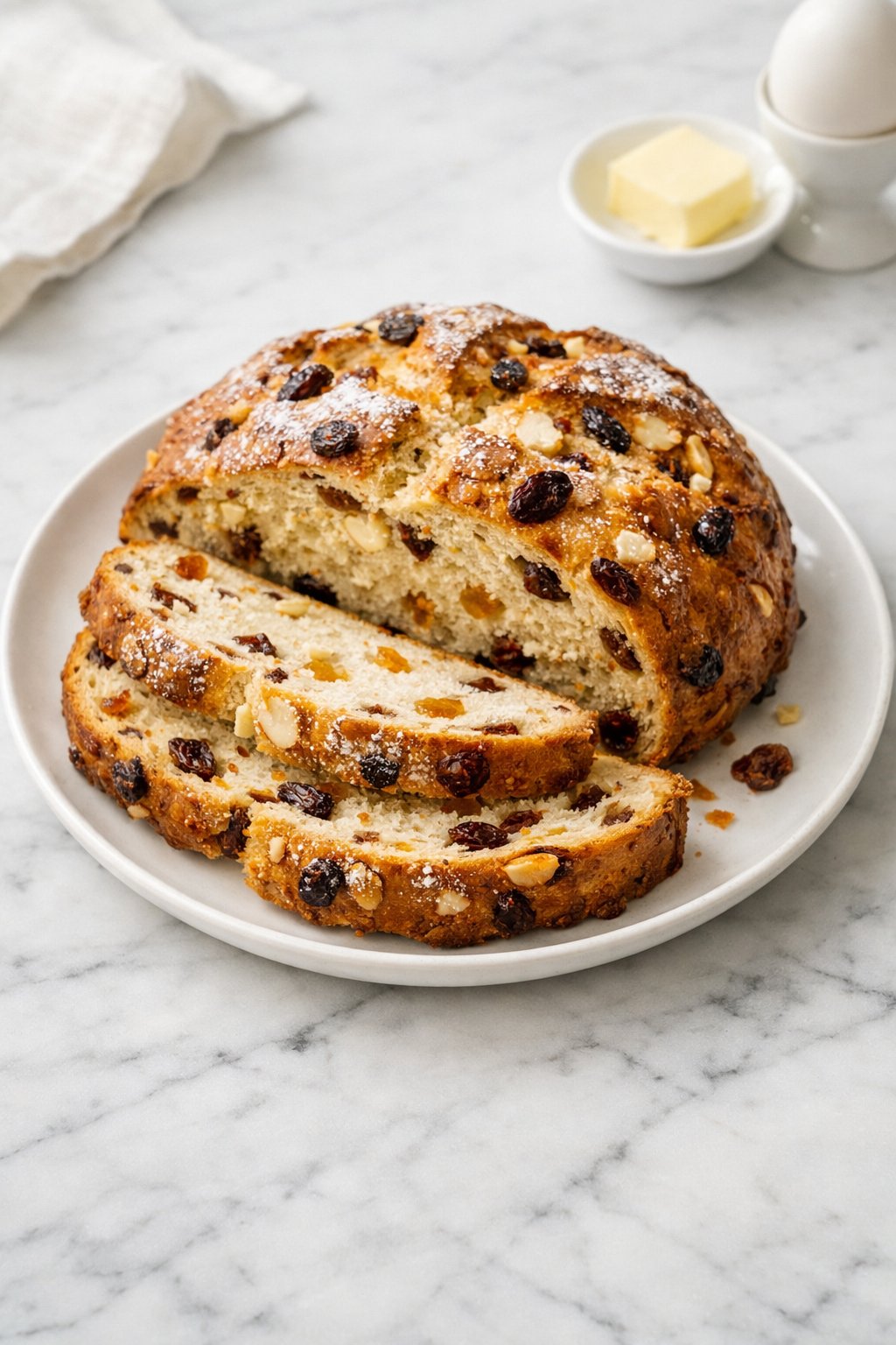 An overheard picture view of a plate of German Osterbrot sitting on a marble countertop table in the kitchen, martha stewart food photography style.