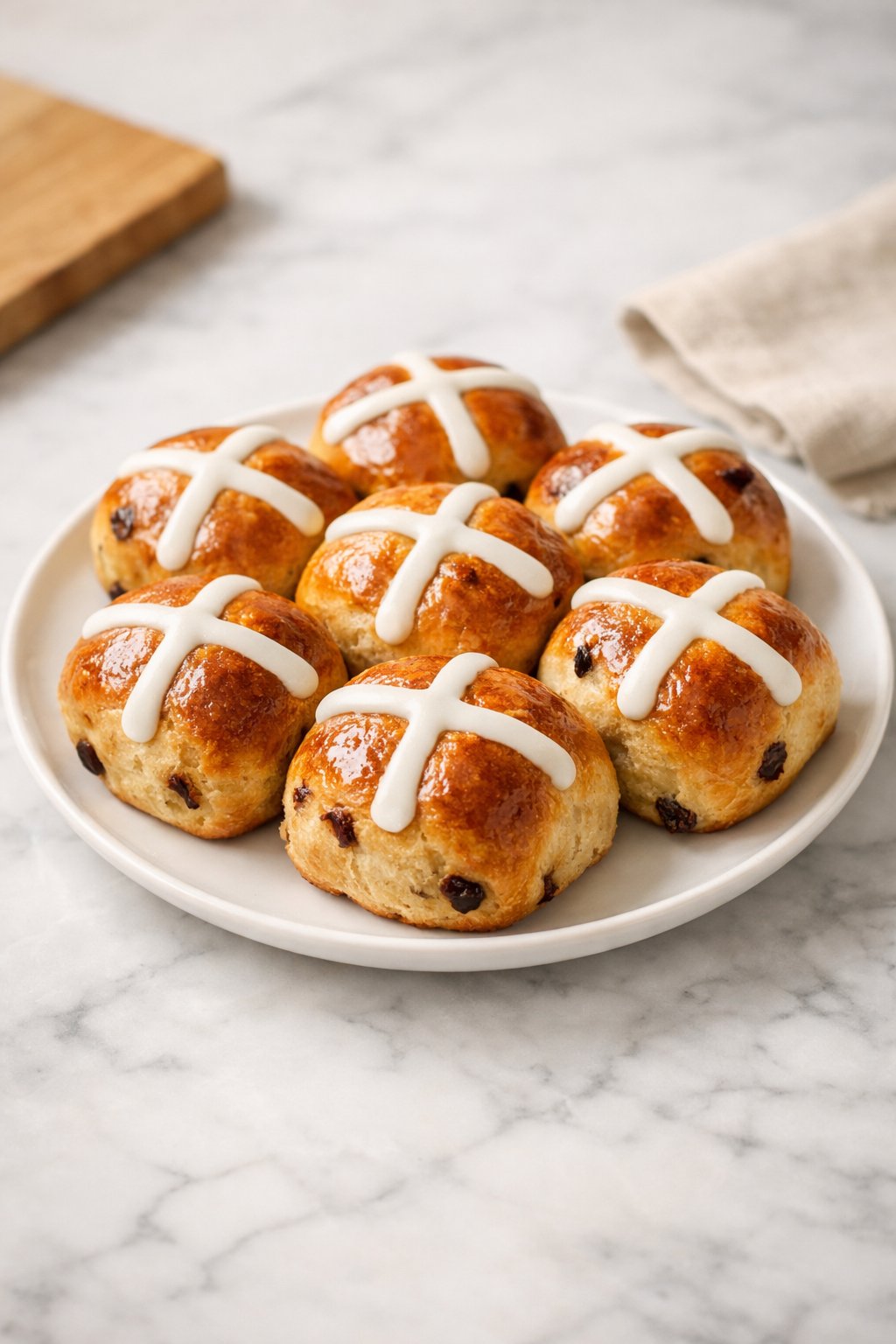 An overheard picture view of a plate of Hot Cross Buns sitting on a marble countertop table in the kitchen, martha stewart food photography style.