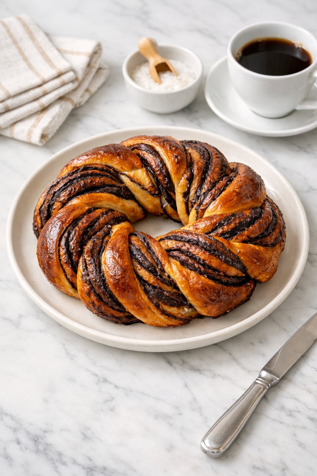 An overheard picture view of a plate of Ukrainian Babka sitting on a marble countertop table in the kitchen, martha stewart food photography style.