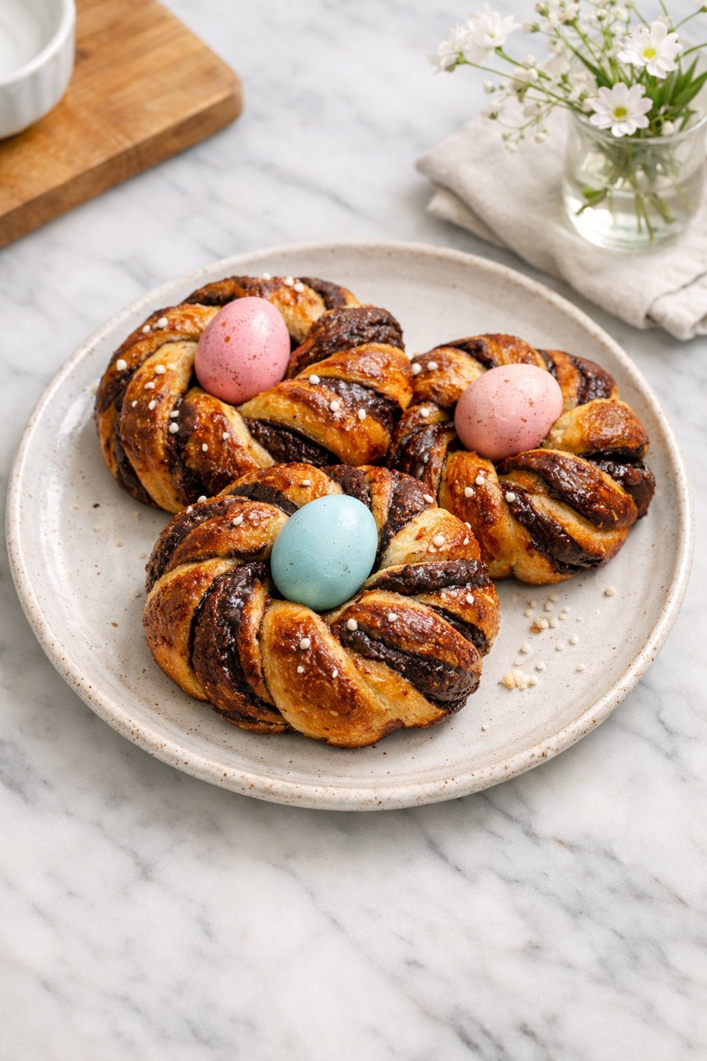 An overheard picture view of a plate of Small Batch Italian Easter Chocolate Egg Bread sitting on a marble countertop table in the kitchen, martha stewart food photography style.