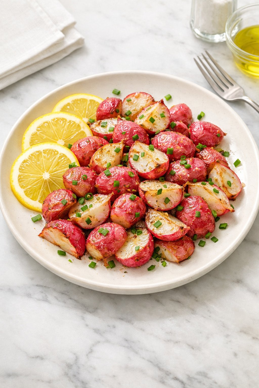 An overheard picture view of a plate of Roasted Radishes with Lemon and Chives sitting on a marble countertop table in the kitchen, martha stewart food photography style.