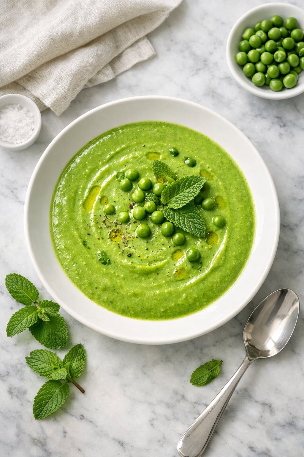 An overheard picture view of a plate of Spring Pea and Mint Soup sitting on a marble countertop table in the kitchen, martha stewart food photography style.