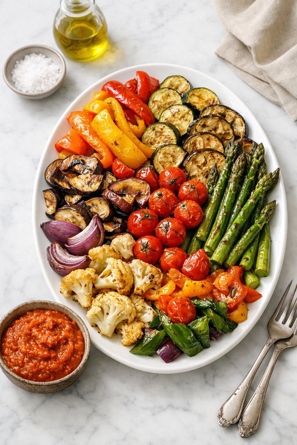 An overheard picture view of a plate of Roasted Vegetable Platter with Romesco Sauce sitting on a marble countertop table in the kitchen, martha stewart food photography style.