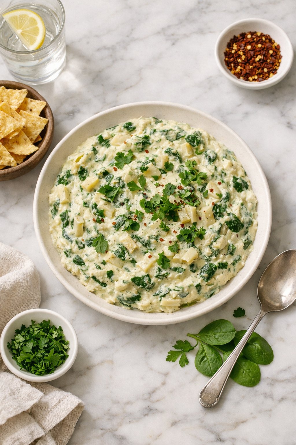 An overheard picture view of a plate of Creamy Vegan Spinach and Artichoke Dip sitting on a marble countertop table in the kitchen, martha stewart food photography style.