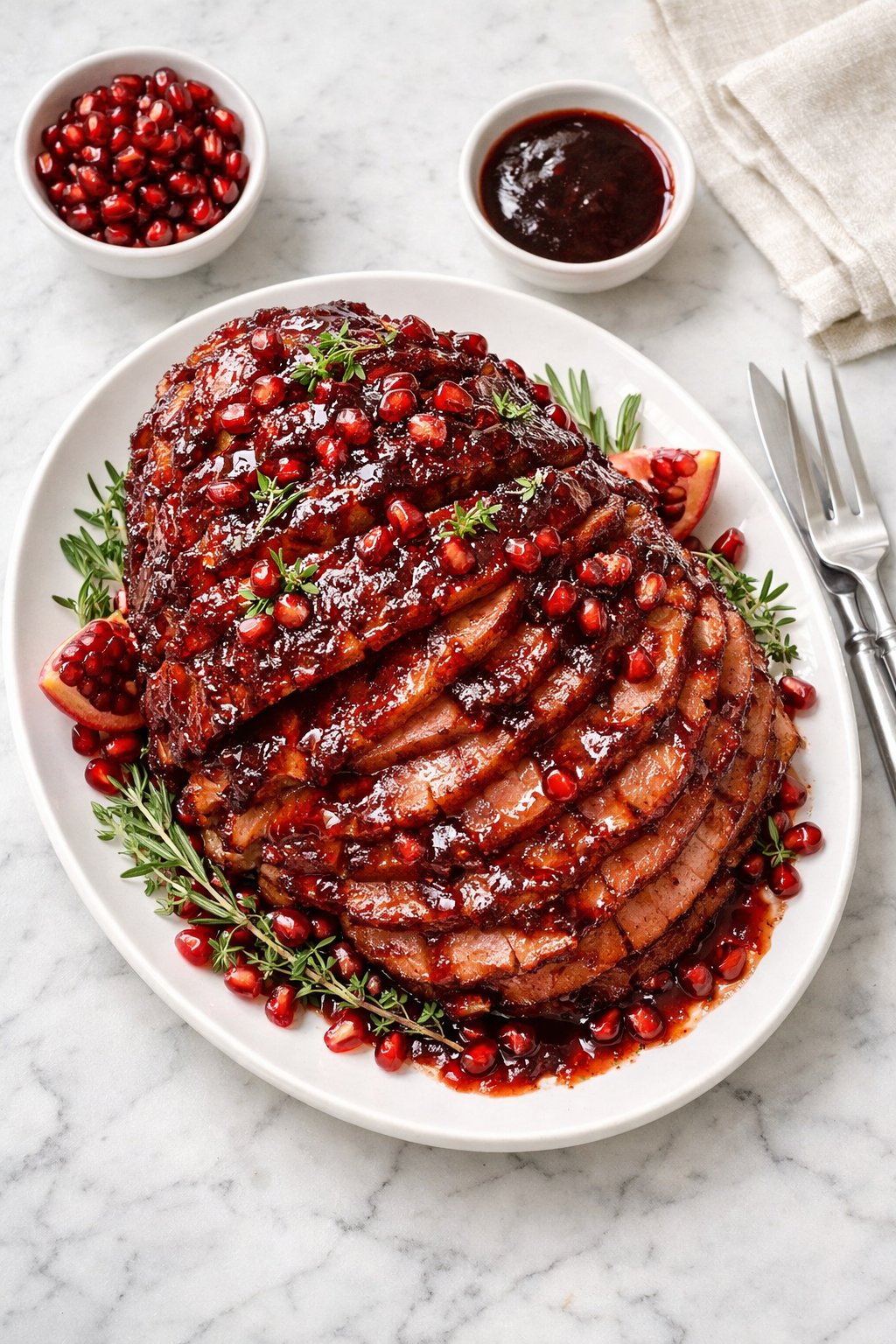 An overheard picture view of a plate of Spiced Pomegranate Glazed Ham sitting on a marble countertop table in the kitchen, martha stewart food photography style.