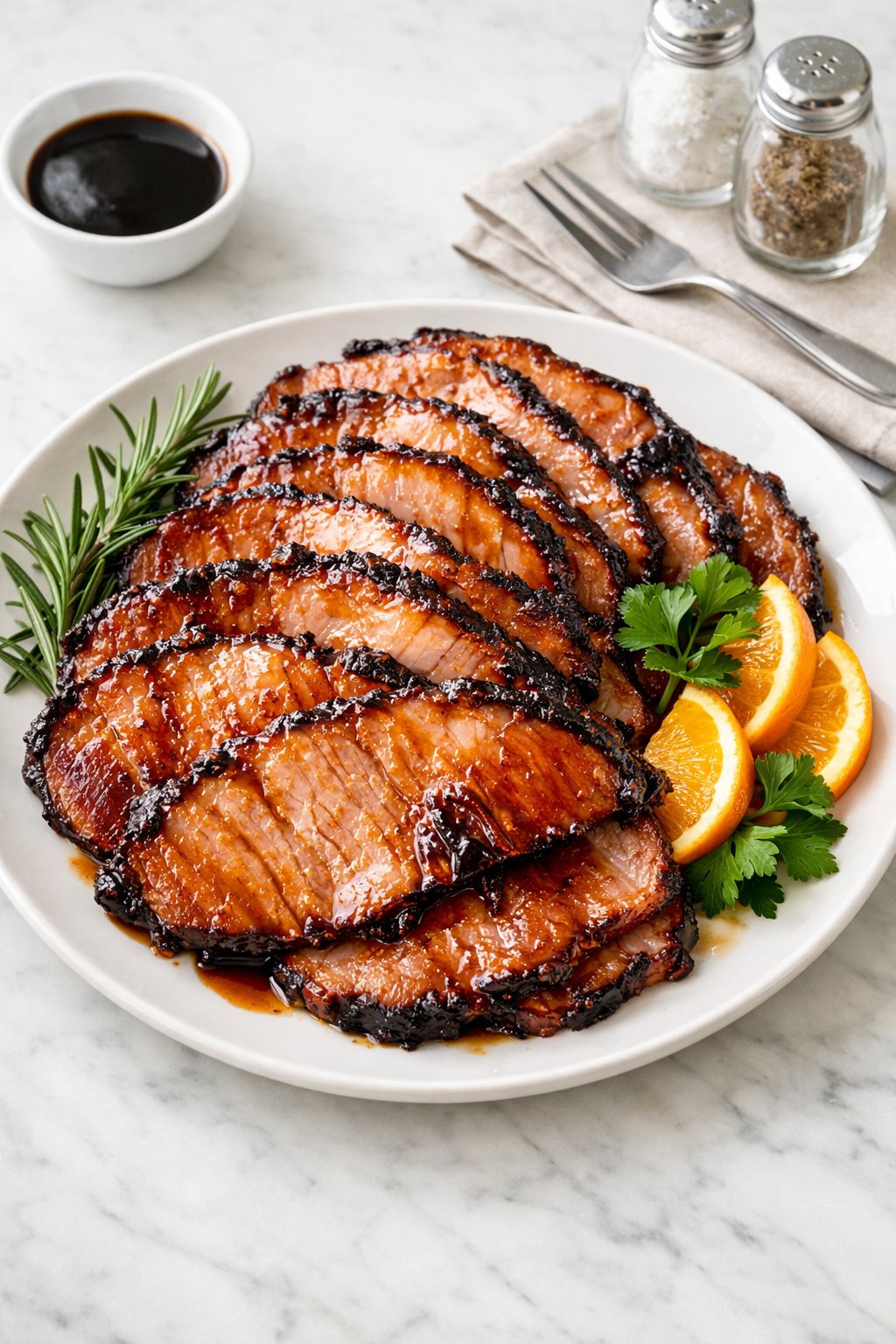 An overheard picture view of a plate of Balsamic and Brown Sugar Glazed Ham sitting on a marble countertop table in the kitchen, martha stewart food photography style.