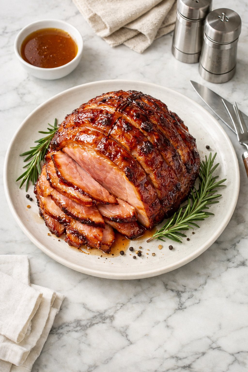 An overheard picture view of a plate of Maple-Glazed Ham sitting on a marble countertop table in the kitchen, martha stewart food photography style.