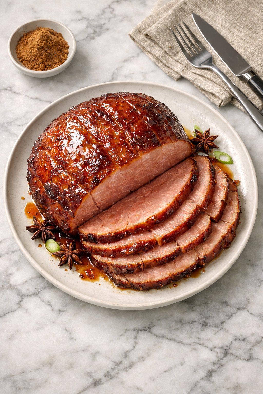 An overheard picture view of a plate of 5-Spice Ham sitting on a marble countertop table in the kitchen, martha stewart food photography style.