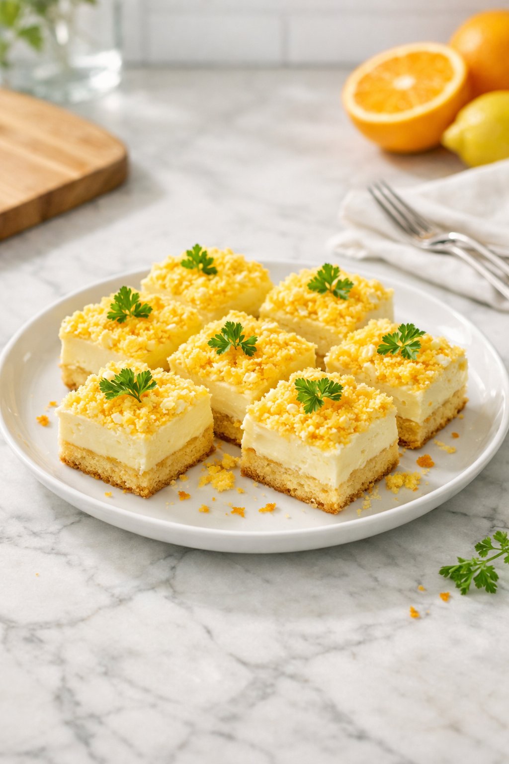 An overheard picture view of a plate of Classic Mimosa Delight sitting on a marble countertop table in the kitchen, martha stewart food photography style.