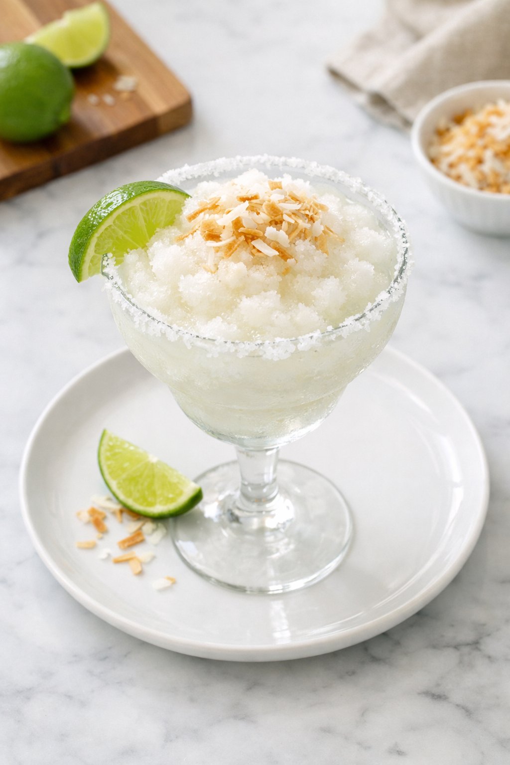 An overheard picture view of a plate of Cottontail Coconut Margarita Slushie sitting on a marble countertop table in the kitchen, martha stewart food photography style.