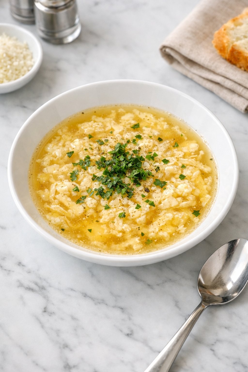 An overheard picture view of a plate of Stracciatella alla Romana (Roman Egg Drop Soup) sitting on a marble countertop table in the kitchen, martha stewart food photography style.