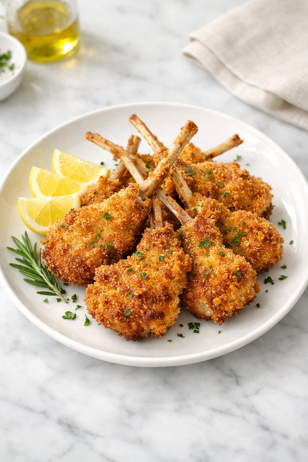 An overheard picture view of a plate of Costolette d'Abbacchio Fritte (Breaded Lamb Chops sitting on a marble countertop table in the kitchen, martha stewart food photography style.