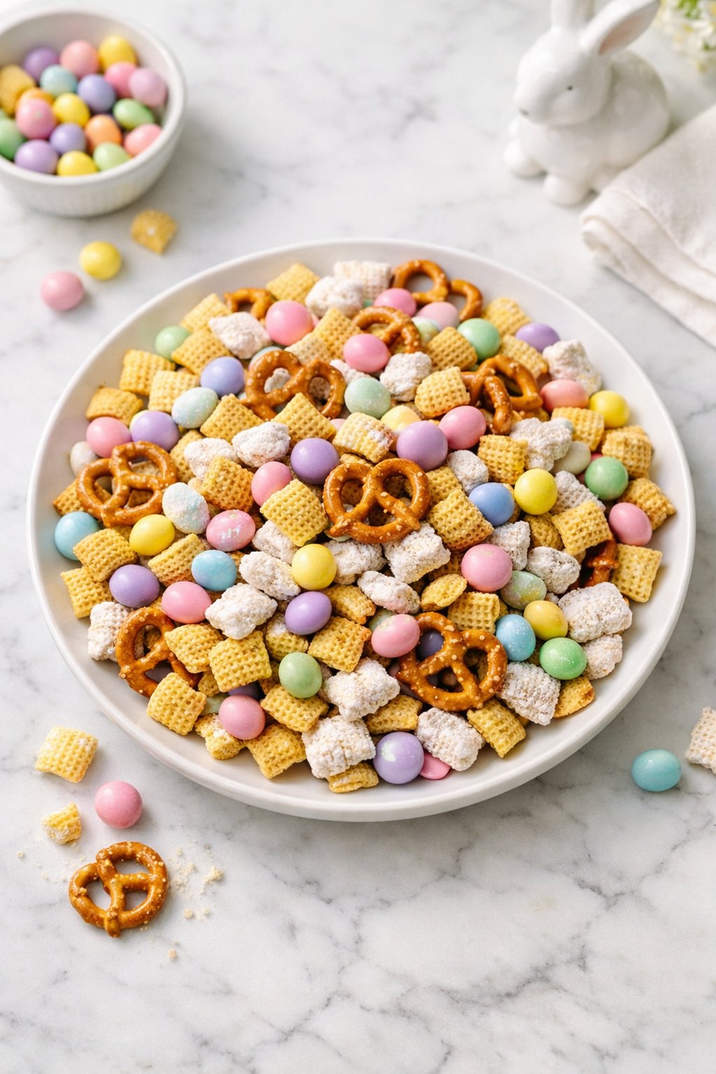 An overheard picture view of a plate of Nut-Free Easter Chex Mix sitting on a marble countertop table in the kitchen, martha stewart food photography style.
