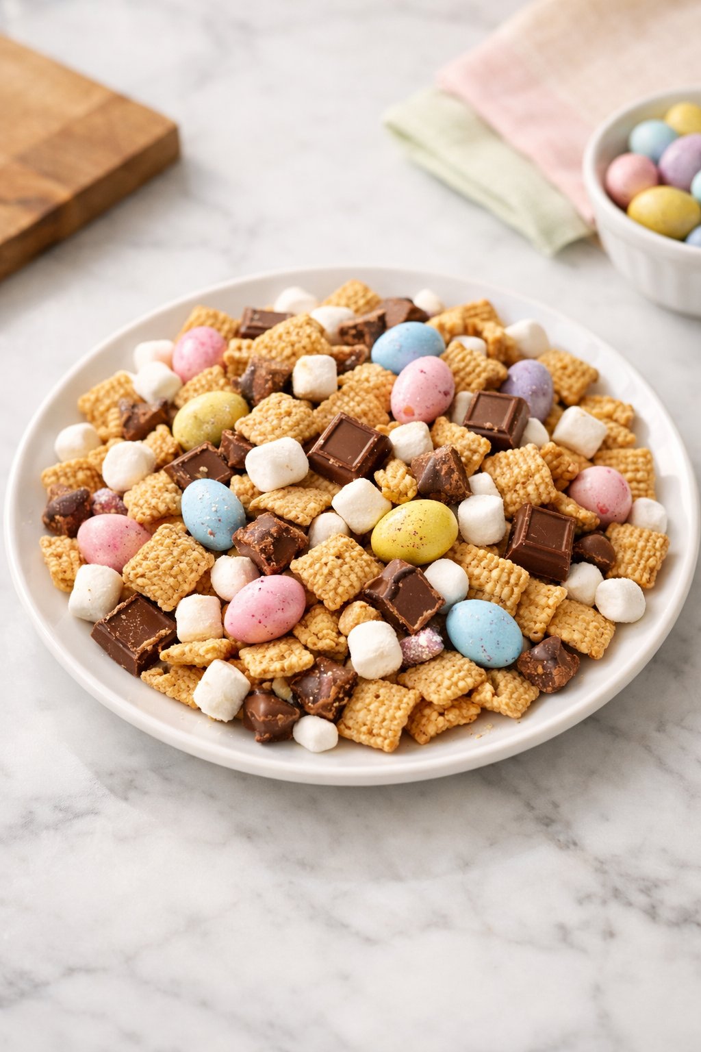 An overheard picture view of a plate of S'mores Easter Chex Mix sitting on a marble countertop table in the kitchen, martha stewart food photography style.