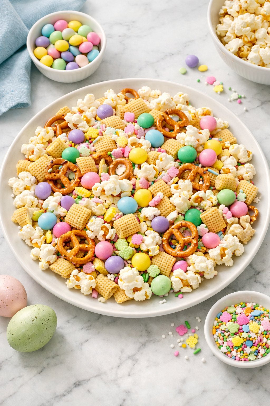 An overheard picture view of a plate of Easter Popcorn Chex Mix sitting on a marble countertop table in the kitchen, martha stewart food photography style.