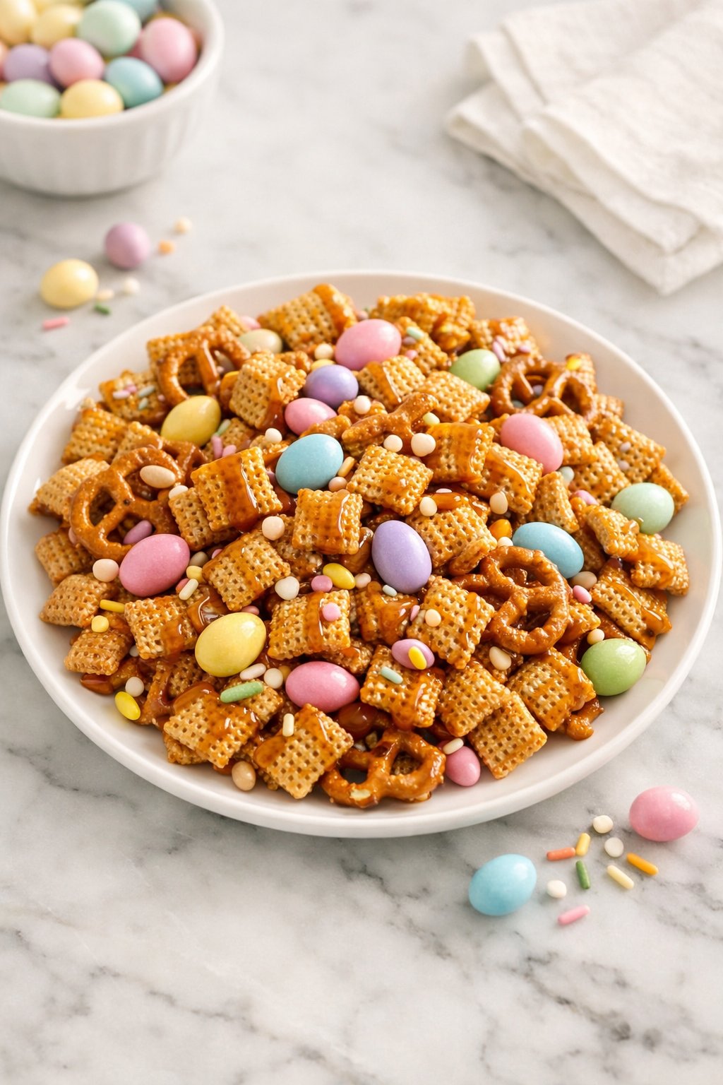 An overheard picture view of a plate of Caramel Drizzle Easter Chex Mix sitting on a marble countertop table in the kitchen, martha stewart food photography style.