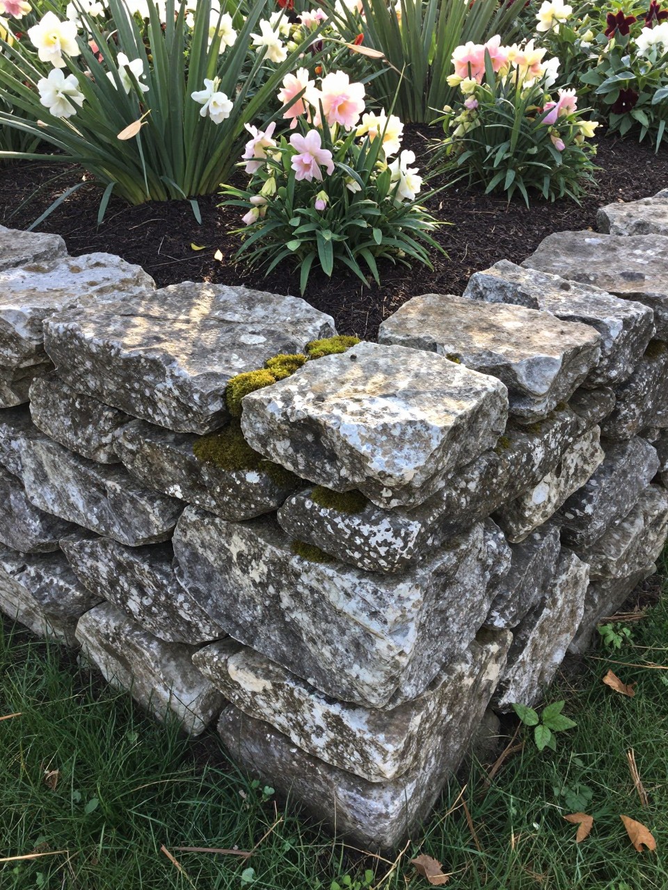 Photo of a low dry-stack stone wall bordering a flower bed, corner angle, garden setting, soft morning light, containing a small patch of moss growing between stones, iPhone photo quality.