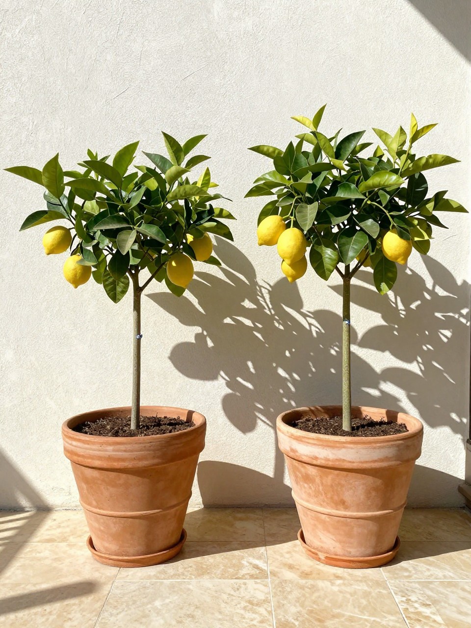 Photo of two large terra-cotta pots with lemon trees on a sunny stone patio, straight-on wall view, patio setting, bright natural light, containing one ripe yellow lemon visible among the leaves, iPhone photo quality.