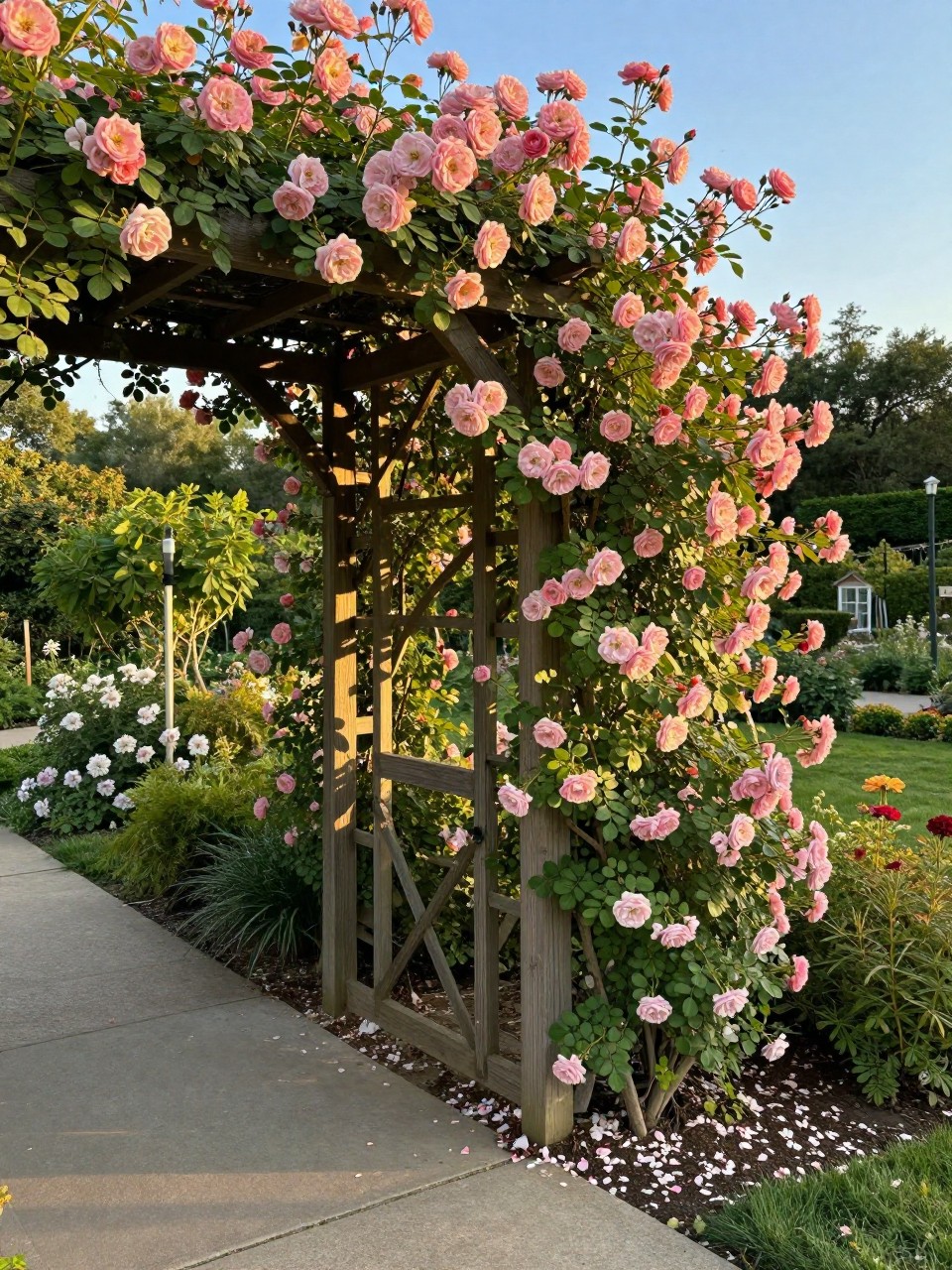 Photo of a wooden arbor covered in climbing roses at a garden entrance, corner angle, pathway setting, golden hour light, containing a few fallen petals on the ground below, iPhone photo quality.