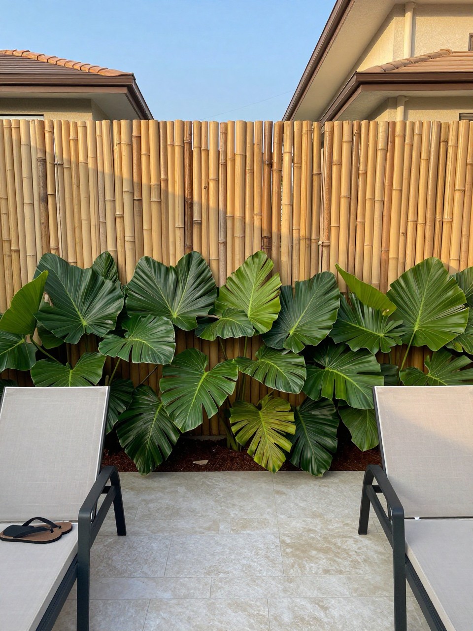 Photo of a backyard bamboo fence with large green tropical plants at the base, straight-on wide view, setting in a residential backyard with lounge chairs, golden hour lighting, containing a pair of flip-flops casually left by the chair, iPhone photo quality.