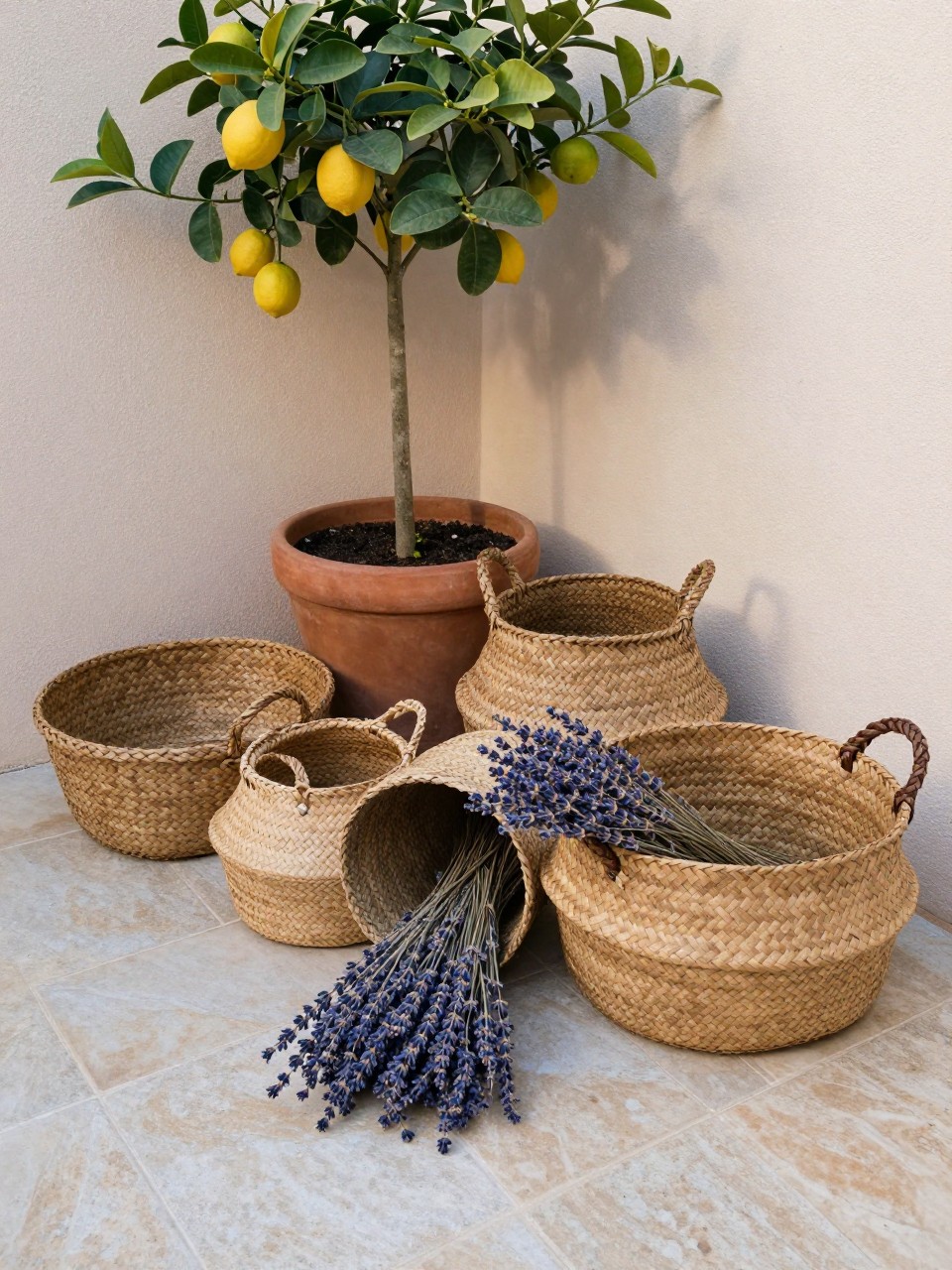 Photo of a collection of woven baskets on a stone patio floor near a potted lemon tree, corner angle, patio corner setting, soft afternoon light, containing dried lavender spilling from one basket, iPhone photo quality.
