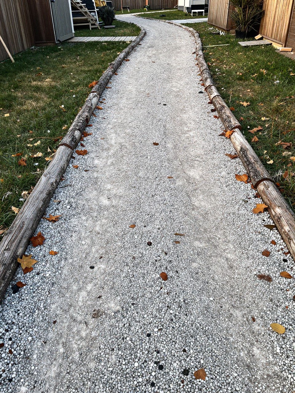 Photo of a winding gravel path with rough log edging in a rustic country backyard, straight-on view, morning light, containing a few fallen leaves scattered on the gravel, iPhone photo quality.
