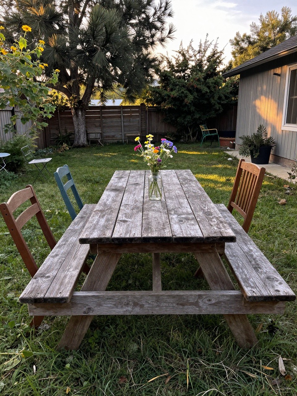 Photo of a long weathered wood picnic table with mismatched chairs in a rustic country backyard, wide view, late afternoon golden hour, containing a few wildflowers in a jar on the table, iPhone photo quality.