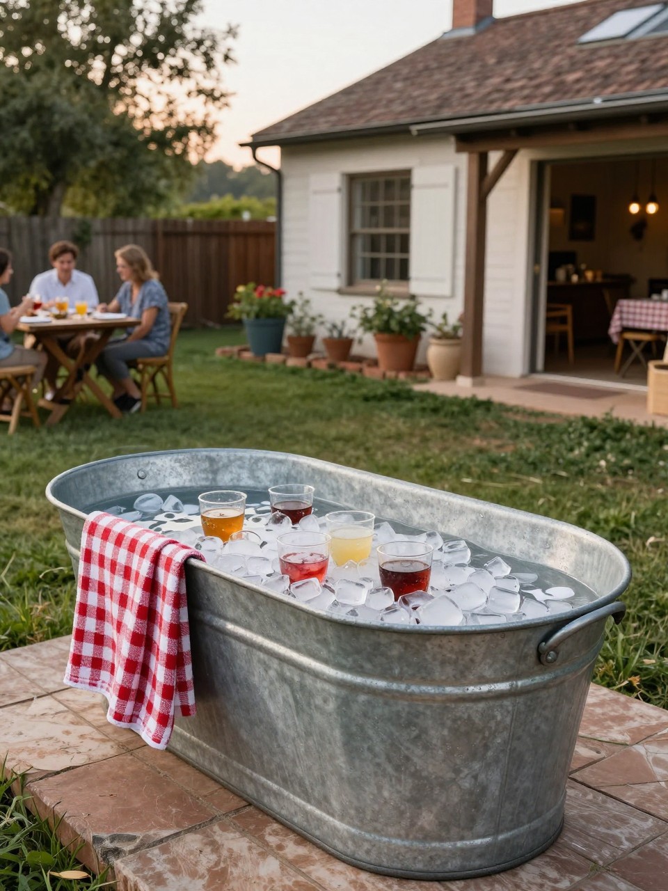Photo of a large galvanized tub filled with ice and drinks in a rustic country backyard, corner angle, late afternoon gathering, containing a couple of gingham towels hanging on the edge, iPhone photo quality.