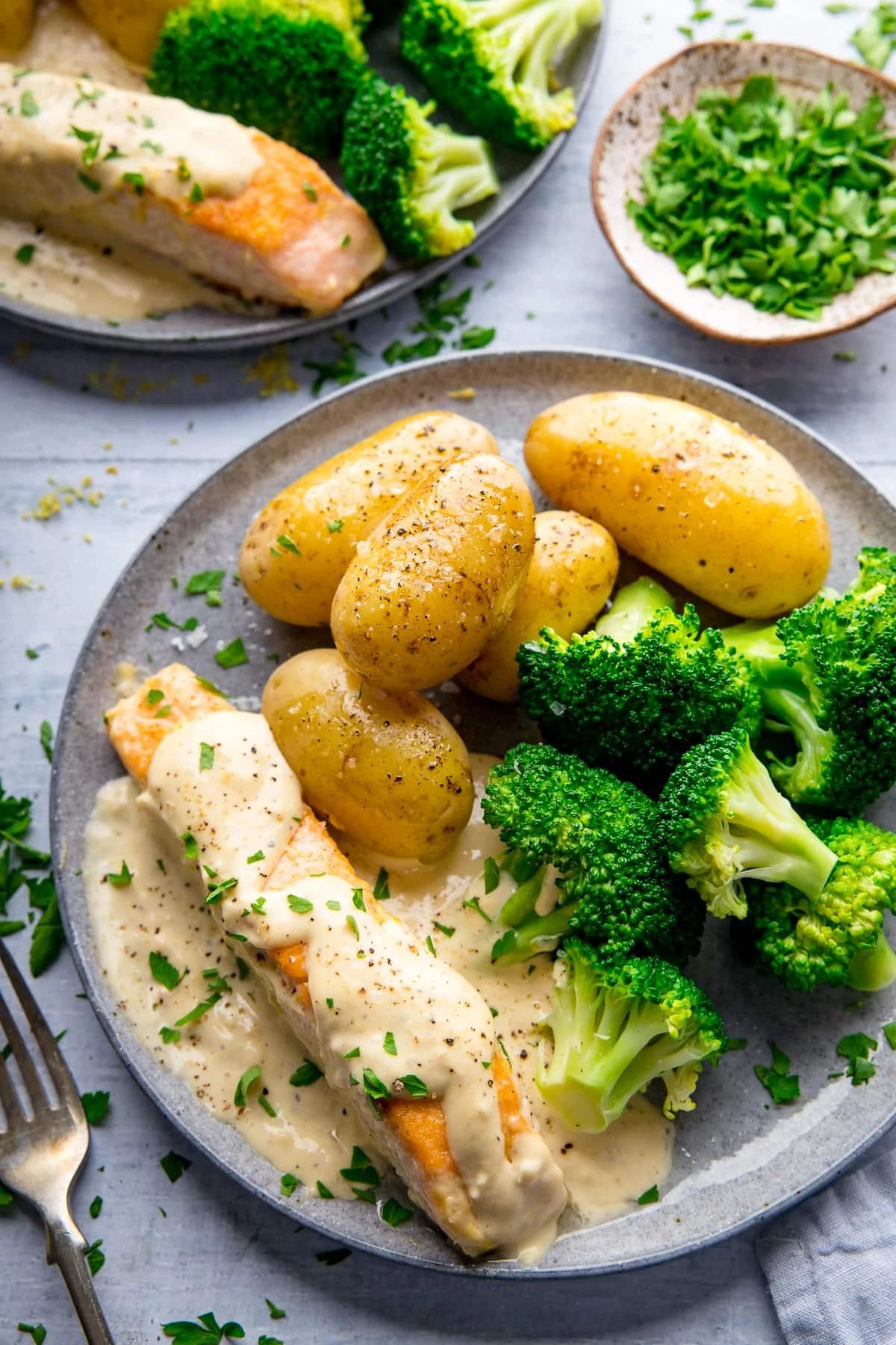 Salmon with Garlic and White Wine Sauce