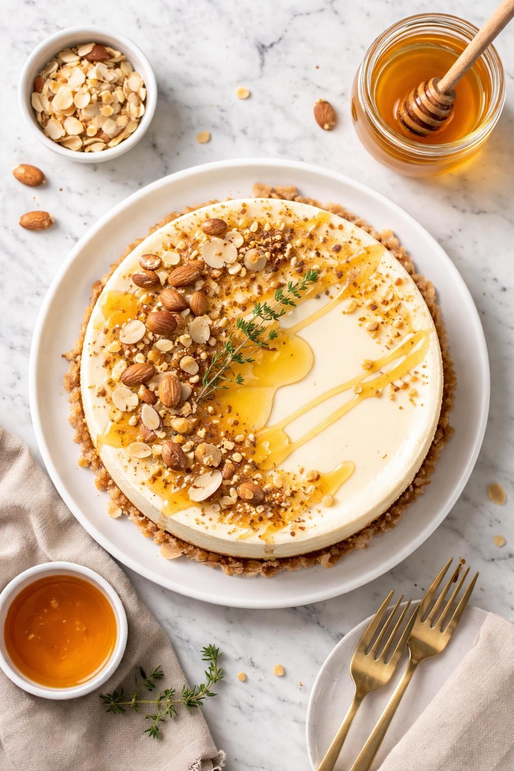 An overheard picture view of a plate of Honey and Almond Cheesecake sitting on a marble countertop table in the kitchen, professional food photography style.