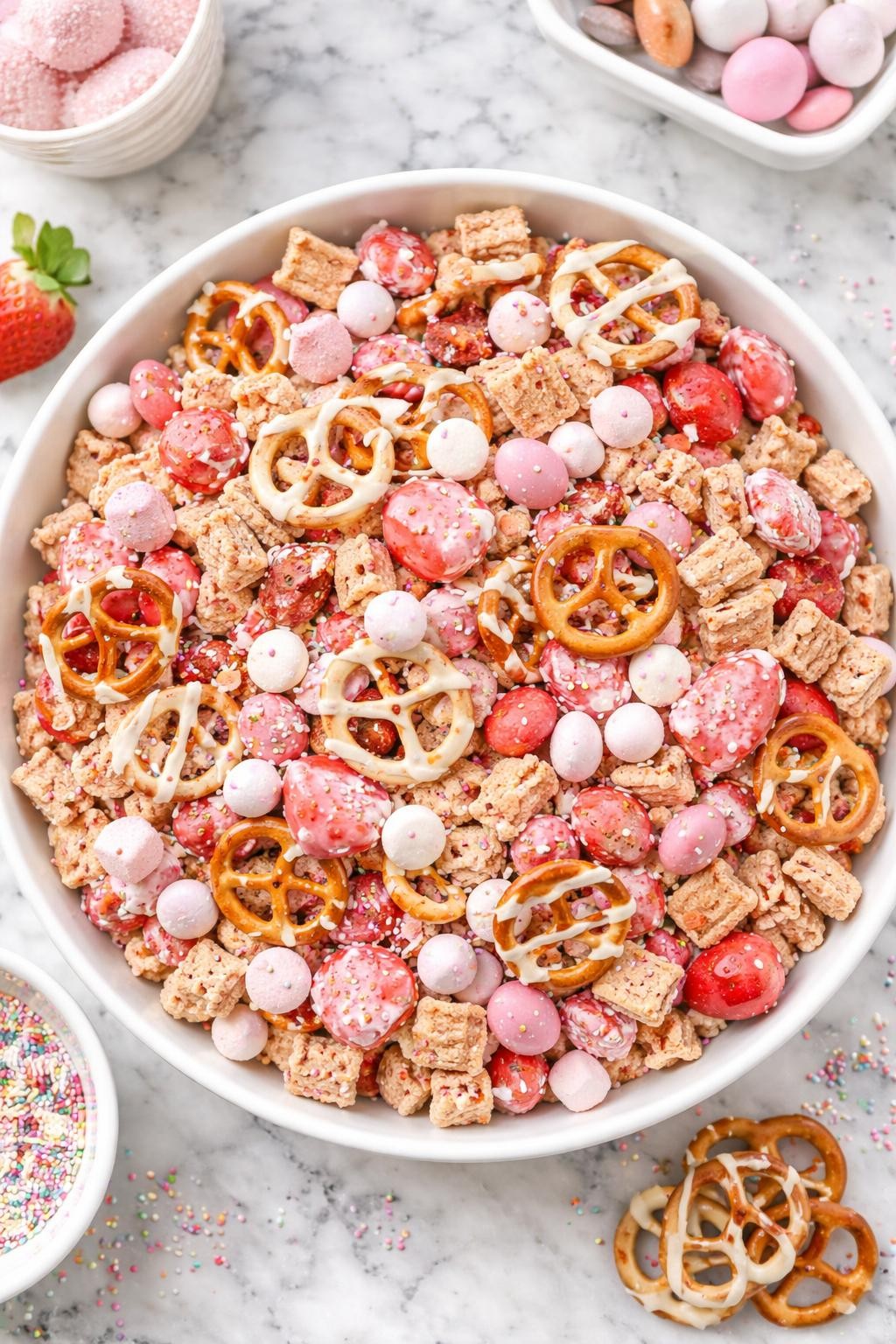 An overheard picture view of a plate of Strawberry Yogurt Pretzel Bunny Bait sitting on a marble countertop table in the kitchen, professional food photography style.