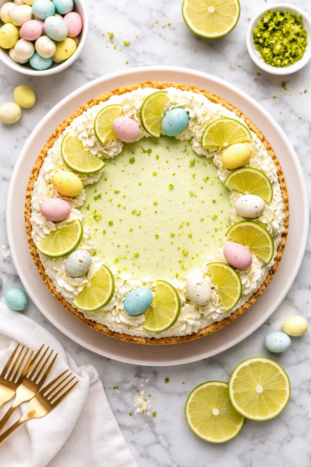 An overheard picture view of a plate of Key Lime Easter Cheesecake sitting on a marble countertop table in the kitchen, professional food photography style.