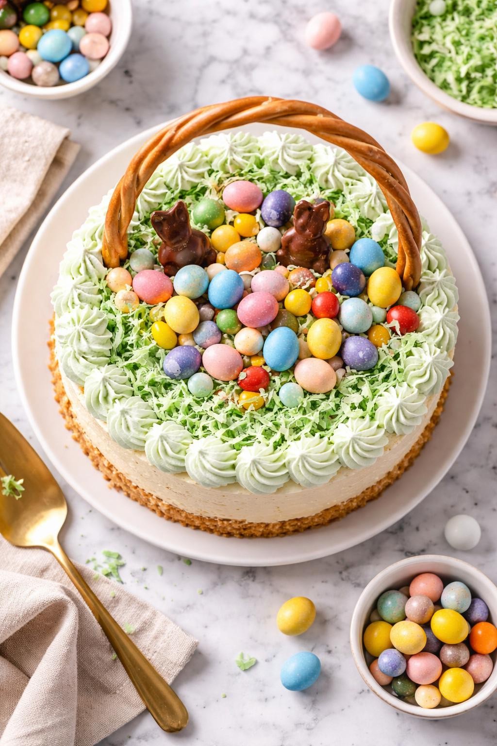 An overheard picture view of a plate of No-Bake Easter Basket Cake sitting on a marble countertop table in the kitchen, professional food photography style.
