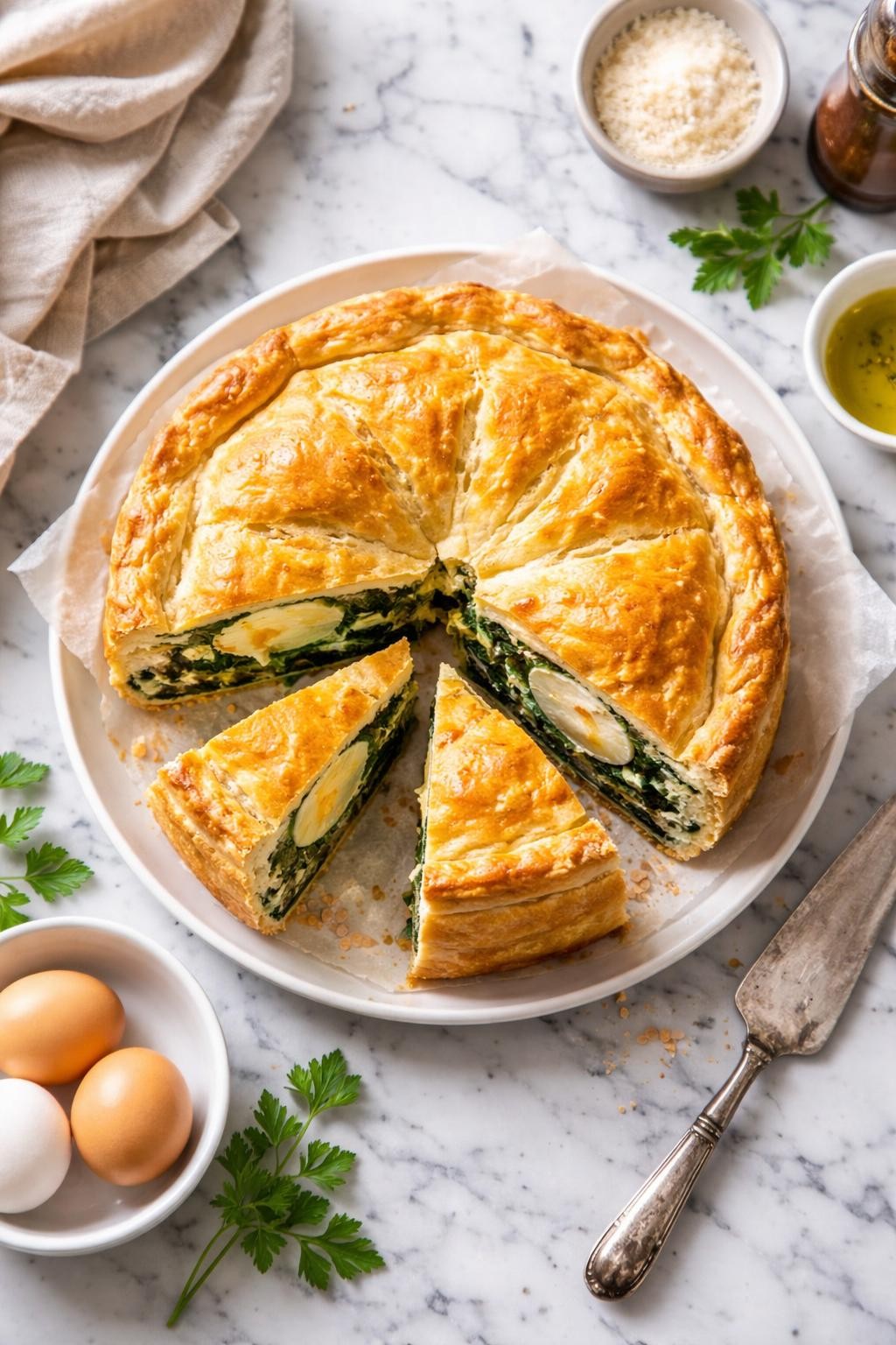 An overheard picture view of a plate of Torta Pasqualina (Ligurian Easter Pie) sitting on a marble countertop table in the kitchen, professional food photography style.
