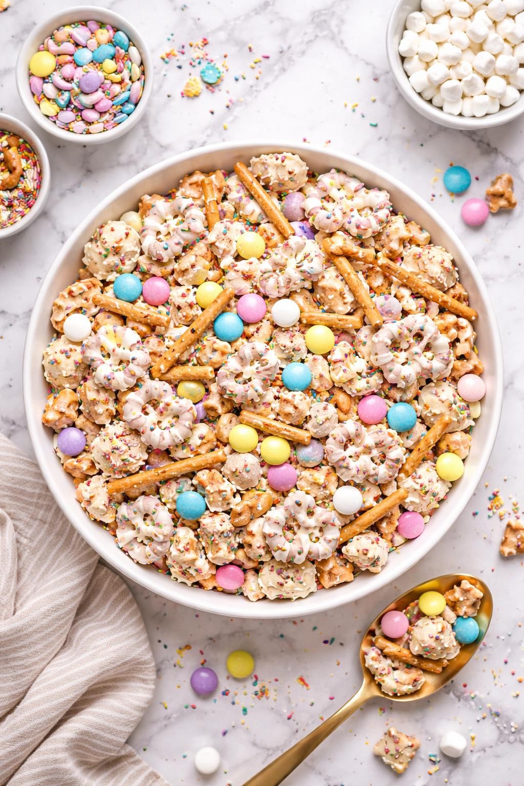 An overheard picture view of a plate of Birthday Cake Easter Trail Mix sitting on a marble countertop table in the kitchen, professional food photography style.