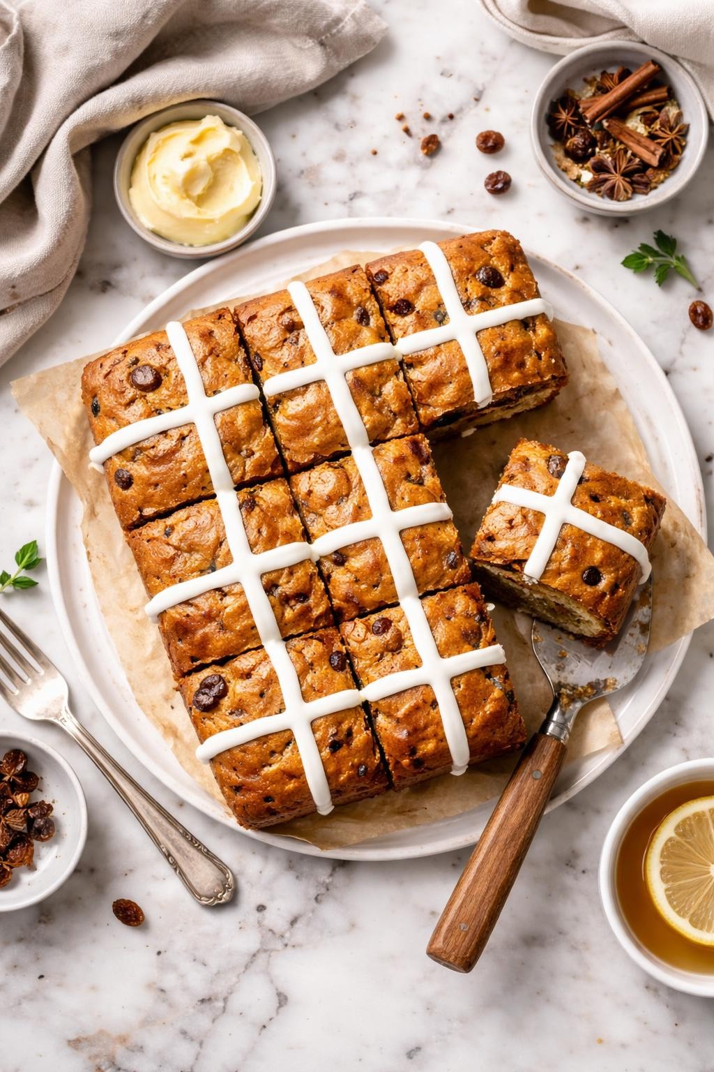 An overheard picture view of a plate of Hot Cross Bun Cake sitting on a marble countertop table in the kitchen, professional food photography style.