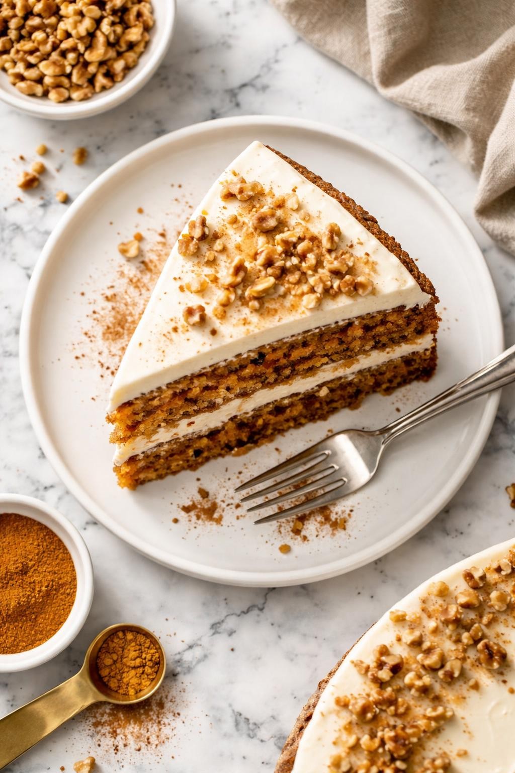 An overheard picture view of a plate of Classic Carrot Cake with Cream Cheese Frosting sitting on a marble countertop table in the kitchen, professional food photography style.