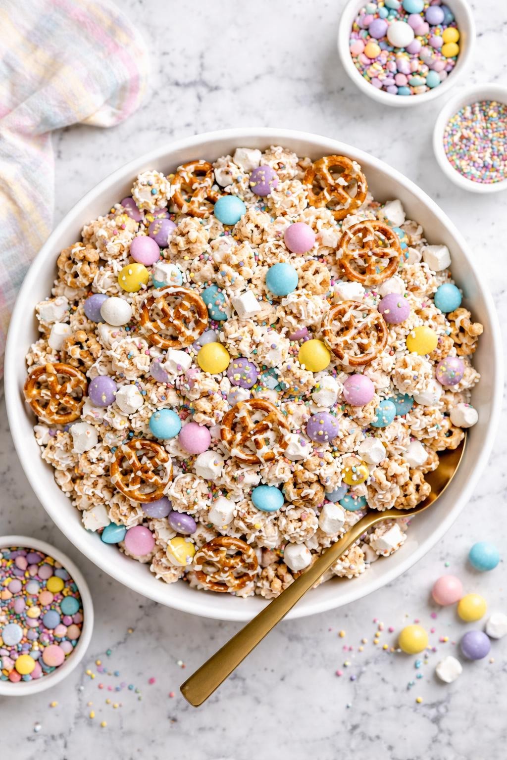 An overheard picture view of a plate of White Chocolate Easter Chex Mix sitting on a marble countertop table in the kitchen, professional food photography style.