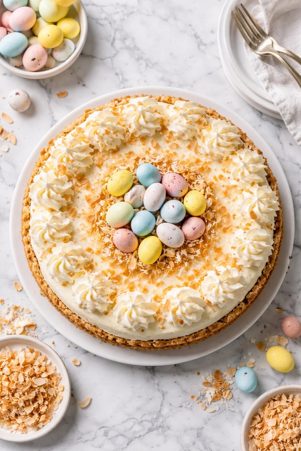 An overheard picture view of a plate of Coconut Cream Easter Cheesecake sitting on a marble countertop table in the kitchen, professional food photography style.