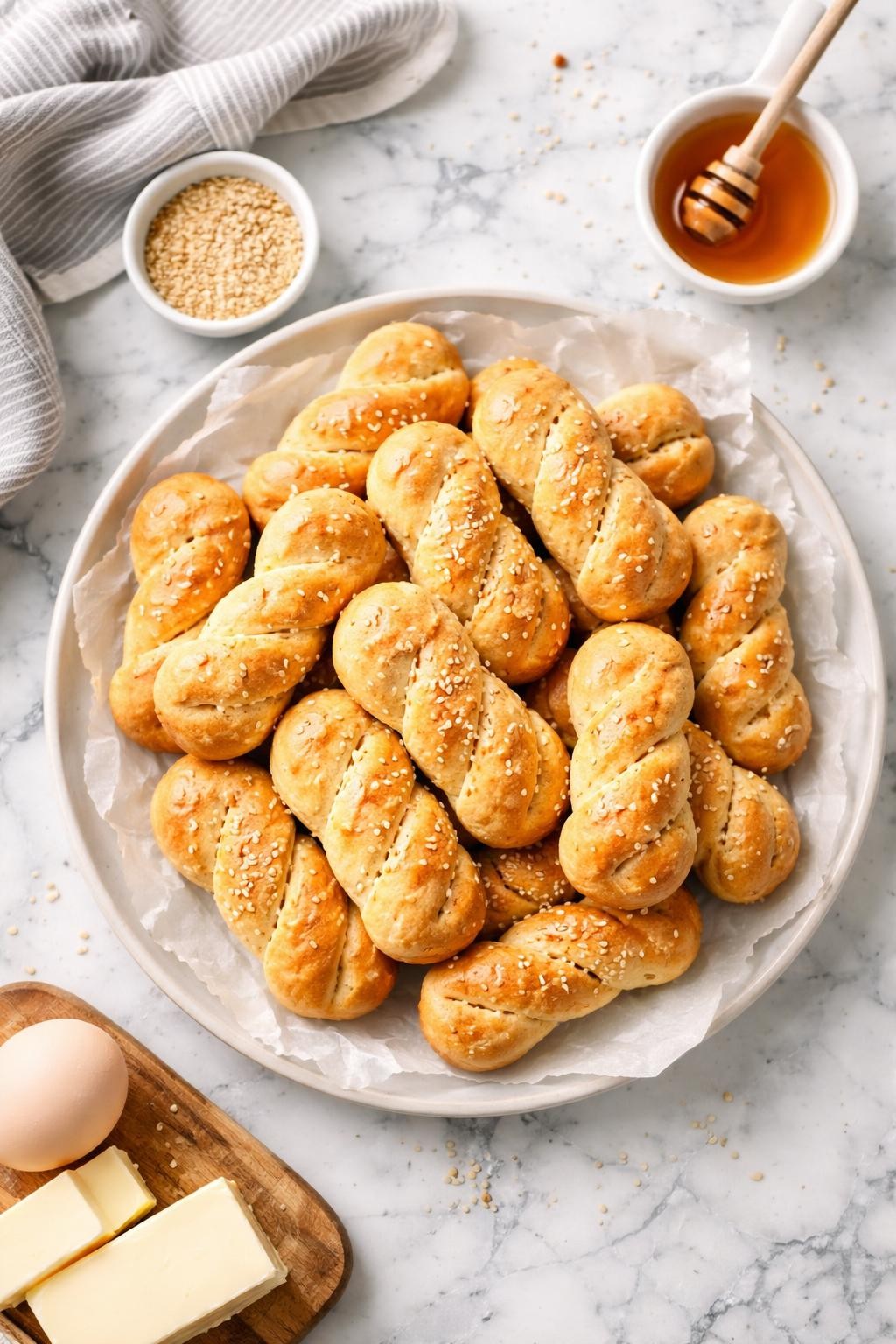 An overheard picture view of a plate of Koulourakia (Easter Butter Biscuits) sitting on a marble countertop table in the kitchen, professional food photography style.