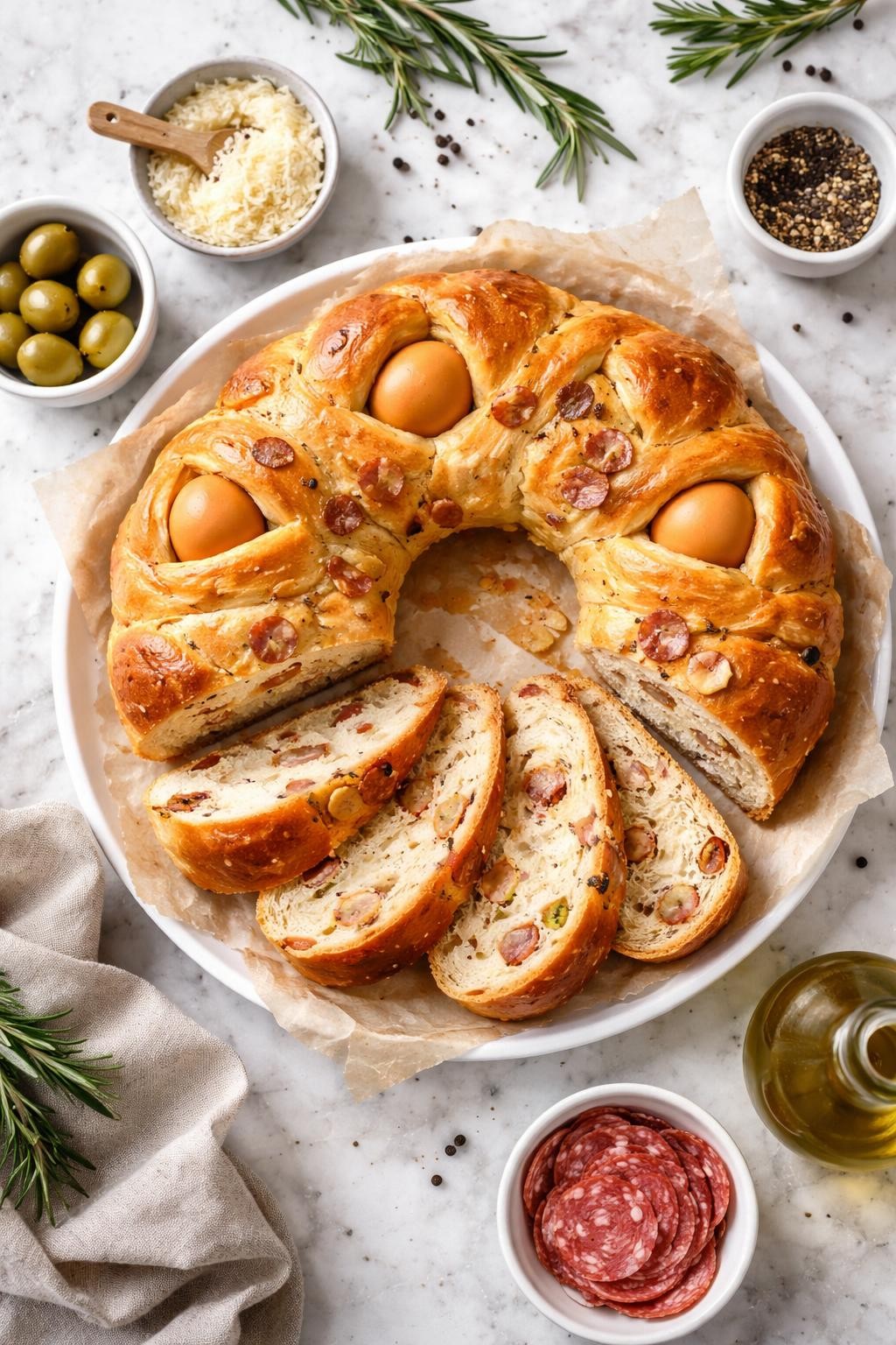 An overheard picture view of a plate of Casatiello (Neapolitan Savory Easter Bread) sitting on a marble countertop table in the kitchen, professional food photography style.