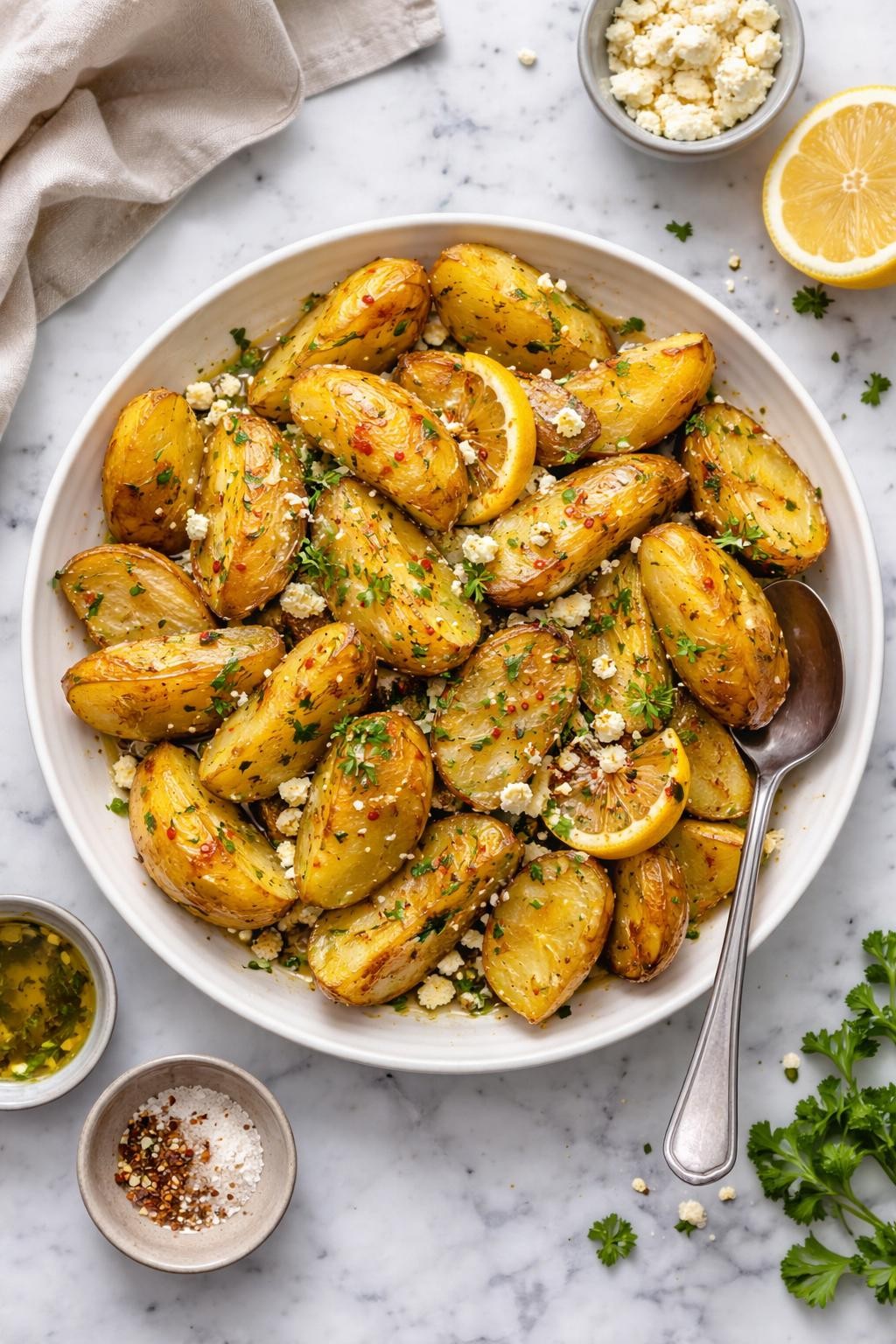 An overheard picture view of a plate of Patates Fournou (Oven-Roasted Potatoes) sitting on a marble countertop table in the kitchen, professional food photography style.