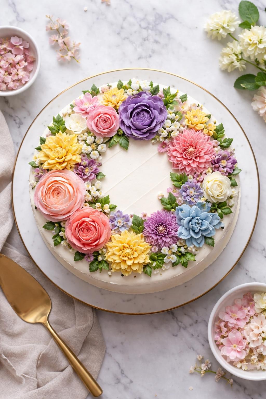An overheard picture view of a plate of Fresh Flower Cake sitting on a marble countertop table in the kitchen, professional food photography style.